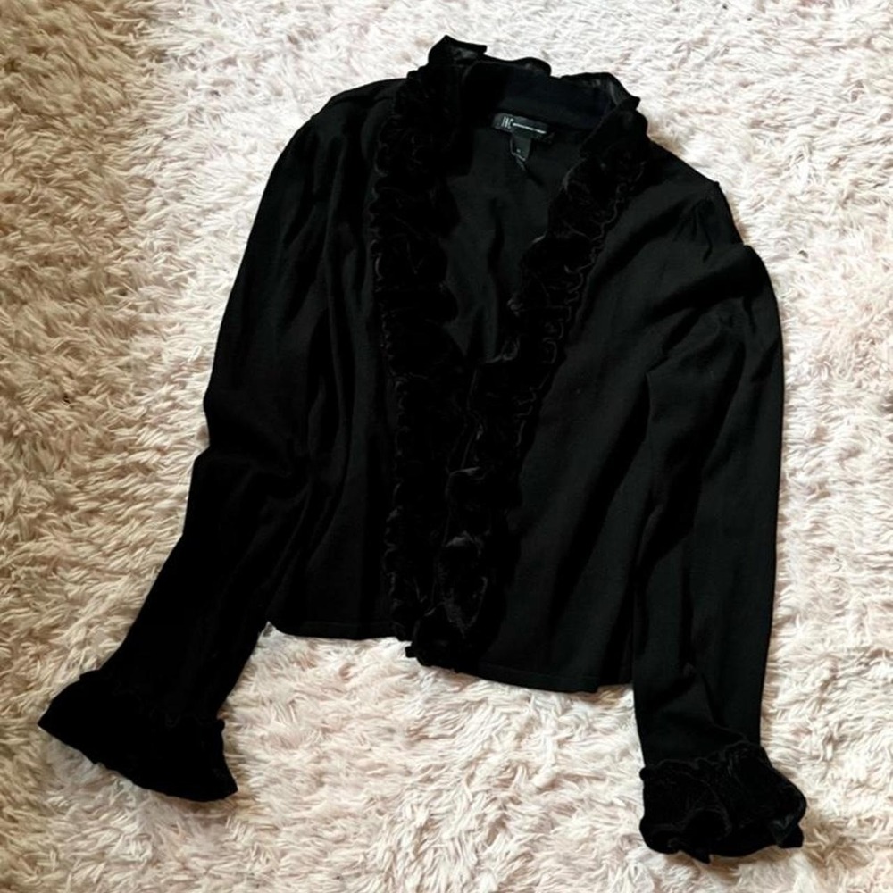 Velvet Ruffle Whimsygoth Dark Fairy Bell Sleeve Cardigan Womens XL Witchy Grunge